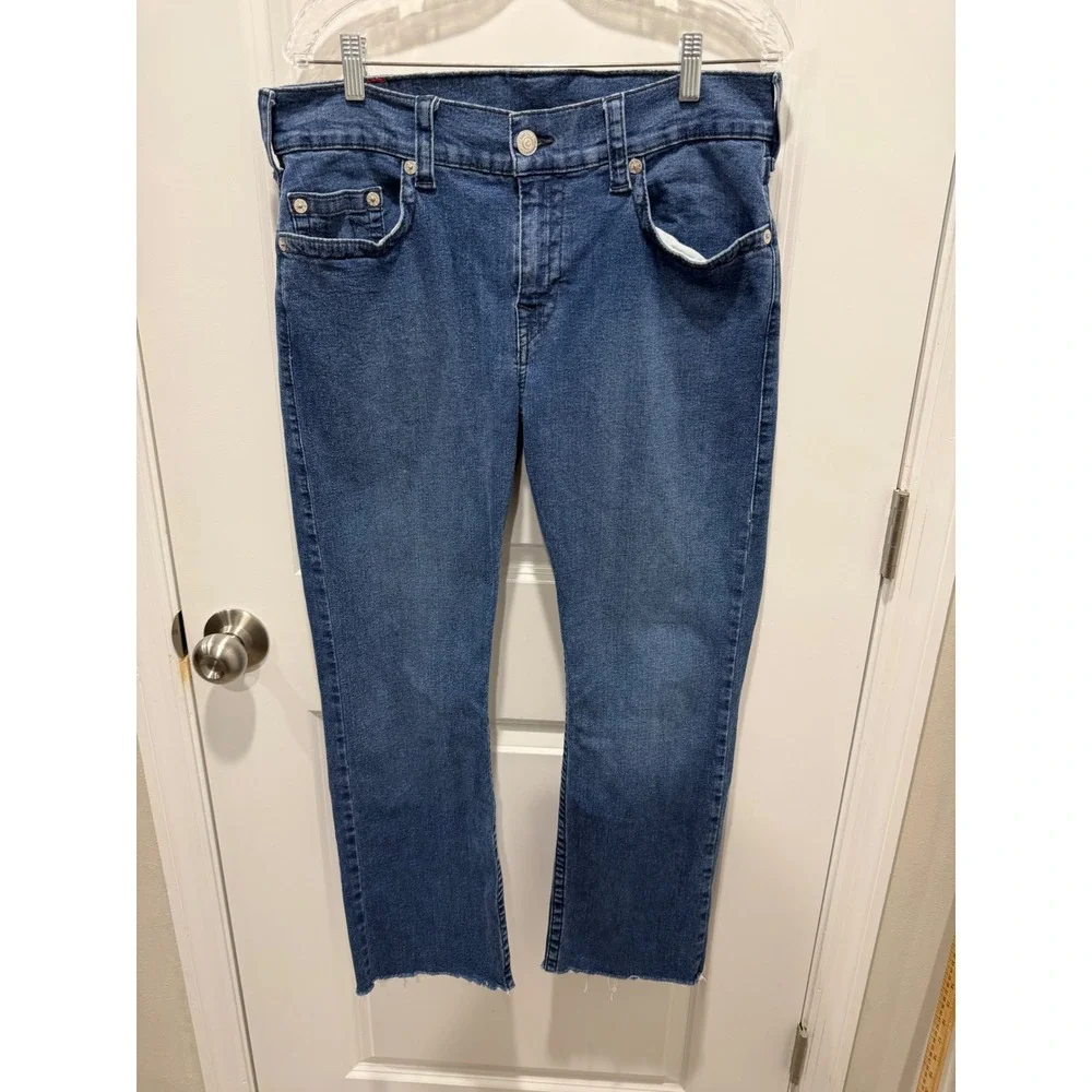 True Religion Mens Ricky Straight Leg Jeans Raw Hem Offset Blue Size 32